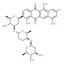 ChemSpider 2D Image | (1R)-1,5-Anhydro-2,6-dideoxy-3-O-{(2S,5S,6S)-5-[(2,6-dideoxy-beta-D-arabino-hexopyranosyl)oxy]-6-methyltetrahydro-2H-pyran-2-yl}-1-(1,6,10-trihydroxy-8-methyl-5,12-dioxo-5,12-dihydro-2-tetracenyl)-D-a
rabino-hexitol | C37H42O13