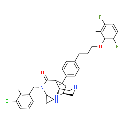 ChemSpider 2D Image | (1S,5R)-7-{4-[3-(2-Chloro-3,6-difluorophenoxy)propyl]phenyl}-N-cyclopropyl-N-(2,3-dichlorobenzyl)-3,9-diazabicyclo[3.3.1]non-6-ene-6-carboxamide | C33H32Cl3F2N3O2