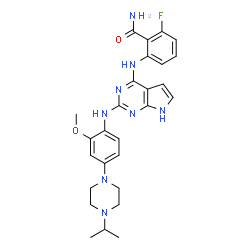 ChemSpider 2D Image | 2-Fluoro-6-[(2-{[4-(4-isopropyl-1-piperazinyl)-2-methoxyphenyl]amino}-7H-pyrrolo[2,3-d]pyrimidin-4-yl)amino]benzamide | C27H31FN8O2