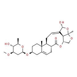 ChemSpider 2D Image | (1R,2aR,4aR,6aR,10S,12aR,12bS,14E,14bR)-1-Hydroxy-2a,12a-dimethyl-6-oxo-2a,4,4a,6,6a,7,9,10,11,12,12a,12b,13,14b-tetradecahydro-1H-2,3,5-trioxapentaleno[1',6':5,6,7]cyclonona[1,2-a]naphthalen-10-yl 2,
6-dideoxy-3-O-methyl-beta-D-arabino-hexopyranoside | C28H40O9