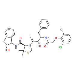 ChemSpider 2D Image | (4R)-3-[(2S,3S)-3-{[(2,6-Dichlorophenoxy)acetyl]amino}-2-hydroxy-4-phenylbutanoyl]-N-[(1S,2R)-2-hydroxy-2,3-dihydro-1H-inden-1-yl]-5,5-dimethyl-1,3-thiazolidine-4-carboxamide | C33H35Cl2N3O6S