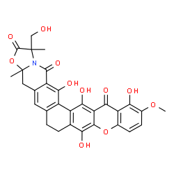 ChemSpider 2D Image | 8,13,15,16-Tetrahydroxy-1-(hydroxymethyl)-12-methoxy-1,3a-dimethyl-3a,4,6,7-tetrahydrochromeno[2',3':6,7]naphtho[2,1-g][1,3]oxazolo[3,2-b]isoquinoline-2,14,17(1H)-trione | C30H25NO11