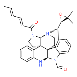 ChemSpider 2D Image | (2S,6R,14R,22R,25S)-25-[(2R)-3,3-Dimethyl-2-oxiranyl]-3-[(2E,4E)-2,4-hexadienoyl]-1,3,13,15-tetraazaheptacyclo[18.4.1.0~2,6~.0~6,22~.0~7,12~.0~14,22~.0~16,21~]pentacosa-7,9,11,16,18,20-hexaene-15-carb
aldehyde | C32H34N4O3