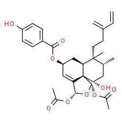ChemSpider 2D Image | (1S,3R,5S,6aS,7R,8R,10S,10aS)-1,3-Diacetoxy-10-hydroxy-7,8-dimethyl-7-(3-methylene-4-penten-1-yl)-3,5,6,6a,7,8,9,10-octahydronaphtho[1,8a-c]furan-5-yl 4-hydroxybenzoate | C31H38O9