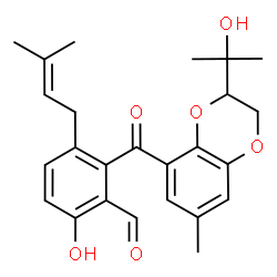 ChemSpider 2D Image | 6-Hydroxy-2-{[3-(2-hydroxy-2-propanyl)-7-methyl-2,3-dihydro-1,4-benzodioxin-5-yl]carbonyl}-3-(3-methyl-2-buten-1-yl)benzaldehyde | C25H28O6