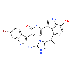 ChemSpider 2D Image | 6-{4-[1-(2-Amino-2,3-dihydro-1H-imidazol-4-yl)ethyl]-7-hydroxy-1H-indol-3-yl}-3-(6-bromo-1H-indol-3-yl)-2(1H)-pyrazinone | C25H22BrN7O2