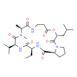 ChemSpider 2D Image | (3S,6S,9S,16R,21aS)-3-Ethyl-16-isobutyl-6-isopropyl-8,9-dimethyldodecahydropyrrolo[1,2-d][1,4,7,10,13,16]oxapentaazacyclononadecine-1,4,7,10,14,17(11H,16H)-hexone | C27H45N5O7