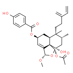 ChemSpider 2D Image | (1S,3S,5S,6aS,7R,8R,10S,10aS)-1-Acetoxy-10-hydroxy-3-methoxy-7,8-dimethyl-7-(3-methylene-4-penten-1-yl)-3,5,6,6a,7,8,9,10-octahydronaphtho[1,8a-c]furan-5-yl 4-hydroxybenzoate | C30H38O8