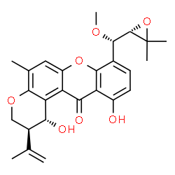 ChemSpider 2D Image | (1R,2S)-8-[(S)-[(2S)-3,3-Dimethyl-2-oxiranyl](methoxy)methyl]-1,11-dihydroxy-2-isopropenyl-5-methyl-2,3-dihydropyrano[3,2-a]xanthen-12(1H)-one | C26H28O7