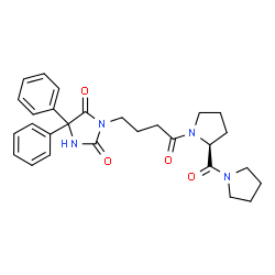 ChemSpider 2D Image | 3-{4-Oxo-4-[(2S)-2-(1-pyrrolidinylcarbonyl)-1-pyrrolidinyl]butyl}-5,5-diphenyl-2,4-imidazolidinedione | C28H32N4O4