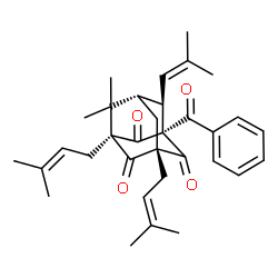 ChemSpider 2D Image | (1R,3S,5R,7S,8R)-1-Benzoyl-6,6-dimethyl-3,5-bis(3-methyl-2-buten-1-yl)-8-(2-methyl-1-propen-1-yl)-2,4,9-adamantanetrione | C33H40O4