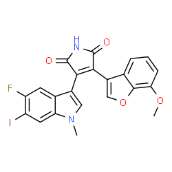 ChemSpider 2D Image | 3-(5-Fluoro-6-iodo-1-methyl-1H-indol-3-yl)-4-(7-methoxy-1-benzofuran-3-yl)-1H-pyrrole-2,5-dione | C22H14FIN2O4