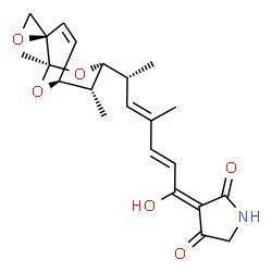 ChemSpider 2D Image | (3E)-3-{(2E,4E,6R)-6-[(1R,2R,5S,6R,7R)-1,6-Dimethylspiro[8,9-dioxabicyclo[3.3.1]non-3-ene-2,2'-oxiran]-7-yl]-1-hydroxy-4-methyl-2,4-heptadien-1-ylidene}-2,4-pyrrolidinedione | C22H27NO6