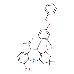 ChemSpider 2D Image | (11R)-10-Acetyl-11-[4-(benzyloxy)-2-chlorophenyl]-6-hydroxy-3,3-dimethyl-2,3,4,5,10,11-hexahydro-1H-dibenzo[b,e][1,4]diazepin-1-one | C30H29ClN2O4