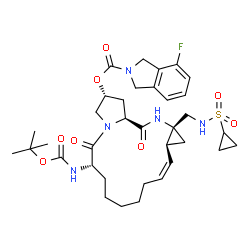 ChemSpider 2D Image | (2R,6S,12Z,13aS,14aR,16aS)-14a-{[(Cyclopropylsulfonyl)amino]methyl}-6-({[(2-methyl-2-propanyl)oxy]carbonyl}amino)-5,16-dioxo-1,2,3,5,6,7,8,9,10,11,13a,14,14a,15,16,16a-hexadecahydrocyclopropa[e]pyrrol
o[1,2-a][1,4]diazacyclopentadecin-2-yl 4-fluoro-1,3-dihydro-2H-isoindole-2-carboxylate | C35H48FN5O8S