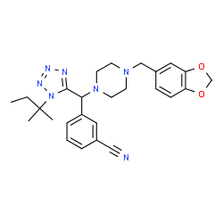 ChemSpider 2D Image | 3-{[4-(1,3-Benzodioxol-5-ylmethyl)-1-piperazinyl][1-(2-methyl-2-butanyl)-1H-tetrazol-5-yl]methyl}benzonitrile | C26H31N7O2