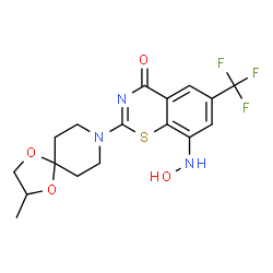 ChemSpider 2D Image | 8-(Hydroxyamino)-2-(2-methyl-1,4-dioxa-8-azaspiro[4.5]dec-8-yl)-6-(trifluoromethyl)-4H-1,3-benzothiazin-4-one | C17H18F3N3O4S