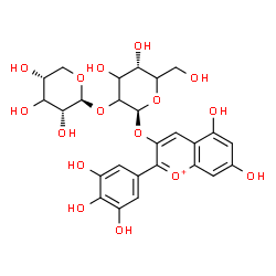 ChemSpider 2D Image | 5,7-Dihydroxy-2-(3,4,5-trihydroxyphenyl)-3-chromeniumyl 2-O-[(3xi)-beta-D-erythro-pentopyranosyl]-beta-D-glycero-hexopyranoside | C26H29O16