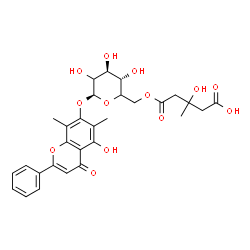 ChemSpider 2D Image | 5-Hydroxy-6,8-dimethyl-4-oxo-2-phenyl-4H-chromen-7-yl 6-O-(4-carboxy-3-hydroxy-3-methylbutanoyl)-beta-D-threo-hexopyranoside | C29H32O13