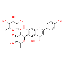 ChemSpider 2D Image | (1S)-1,5-Anhydro-6-deoxy-2-O-(6-deoxy-alpha-L-erythro-hexopyranosyl)-1-[5,7-dihydroxy-2-(4-hydroxyphenyl)-4-oxo-4H-chromen-6-yl]-D-glycero-hex-3-ulose | C27H28O13
