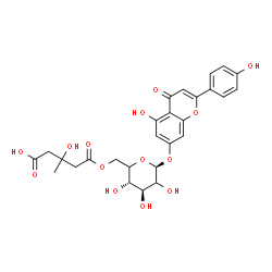 ChemSpider 2D Image | 5-Hydroxy-2-(4-hydroxyphenyl)-4-oxo-4H-chromen-7-yl 6-O-(4-carboxy-3-hydroxy-3-methylbutanoyl)-beta-D-threo-hexopyranoside | C27H28O14
