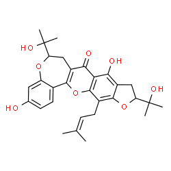 ChemSpider 2D Image | 3,9-Dihydroxy-6,11-bis(2-hydroxy-2-propanyl)-13-(3-methyl-2-buten-1-yl)-6,7,10,11-tetrahydro-8H-furo[3',2':6,7]chromeno[3,2-d][1]benzoxepin-8-one | C30H34O8