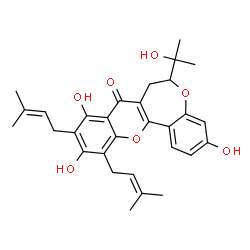 ChemSpider 2D Image | 3,9,11-Trihydroxy-6-(2-hydroxy-2-propanyl)-10,12-bis(3-methyl-2-buten-1-yl)-6,7-dihydro-8H-chromeno[3,2-d][1]benzoxepin-8-one | C30H34O7
