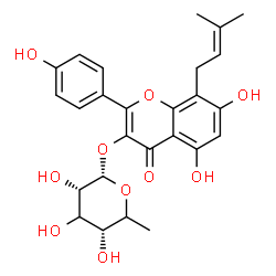 ChemSpider 2D Image | 5,7-Dihydroxy-2-(4-hydroxyphenyl)-8-(3-methyl-2-buten-1-yl)-4-oxo-4H-chromen-3-yl 6-deoxy-alpha-L-erythro-hexopyranoside | C26H28O10
