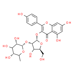 ChemSpider 2D Image | 5,7-Dihydroxy-2-(4-hydroxyphenyl)-4-oxo-4H-chromen-3-yl (3xi)-2-O-(6-deoxy-alpha-L-erythro-hexopyranosyl)-alpha-L-erythro-pentofuranoside | C26H28O14