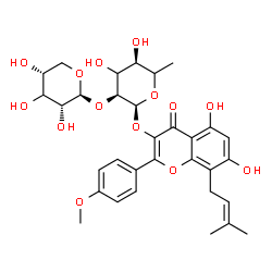 ChemSpider 2D Image | 5,7-Dihydroxy-2-(4-methoxyphenyl)-8-(3-methyl-2-buten-1-yl)-4-oxo-4H-chromen-3-yl 6-deoxy-2-O-[(3xi)-beta-D-erythro-pentopyranosyl]-alpha-L-erythro-hexopyranoside | C32H38O14