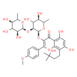 ChemSpider 2D Image | 5,7-Dihydroxy-8-(3-hydroxy-3-methylbutyl)-2-(4-methoxyphenyl)-4-oxo-4H-chromen-3-yl 6-deoxy-2-O-(6-deoxy-alpha-L-erythro-hexopyranosyl)-alpha-L-erythro-hexopyranoside | C33H42O15