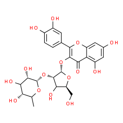 ChemSpider 2D Image | 2-(3,4-Dihydroxyphenyl)-5,7-dihydroxy-4-oxo-4H-chromen-3-yl (3xi)-2-O-(6-deoxy-alpha-L-erythro-hexopyranosyl)-alpha-L-erythro-pentofuranoside | C26H28O15