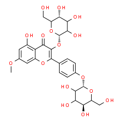 ChemSpider 2D Image | 4-[3-(alpha-L-glycero-Hexopyranosyloxy)-5-hydroxy-7-methoxy-4-oxo-4H-chromen-2-yl]phenyl beta-D-glycero-hexopyranoside | C28H32O16