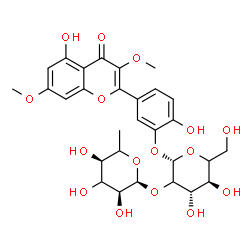 ChemSpider 2D Image | 2-Hydroxy-5-(5-hydroxy-3,7-dimethoxy-4-oxo-4H-chromen-2-yl)phenyl 2-O-(6-deoxy-alpha-L-erythro-hexopyranosyl)-beta-D-threo-hexopyranoside | C29H34O16