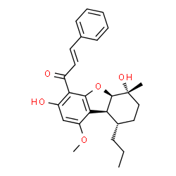 ChemSpider 2D Image | (2E)-1-[(5aR,6R,9S,9aS)-3,6-Dihydroxy-1-methoxy-6-methyl-9-propyl-5a,6,7,8,9,9a-hexahydrodibenzo[b,d]furan-4-yl]-3-phenyl-2-propen-1-one | C26H30O5