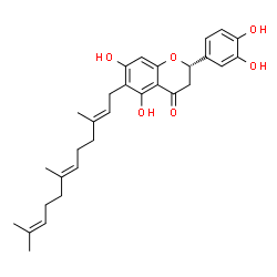 ChemSpider 2D Image | (2S)-2-(3,4-Dihydroxyphenyl)-5,7-dihydroxy-6-[(2E,6E)-3,7,11-trimethyl-2,6,10-dodecatrien-1-yl]-2,3-dihydro-4H-chromen-4-one | C30H36O6