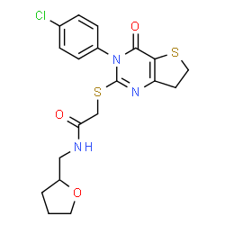 ChemSpider 2D Image | 2-{[3-(4-Chlorophenyl)-4-oxo-3,4,6,7-tetrahydrothieno[3,2-d]pyrimidin-2-yl]sulfanyl}-N-(tetrahydro-2-furanylmethyl)acetamide | C19H20ClN3O3S2