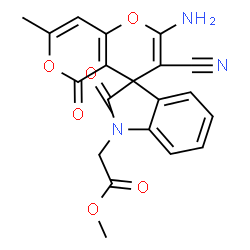 ChemSpider 2D Image | Methyl (2'-amino-3'-cyano-7'-methyl-2,5'-dioxo-5'H-spiro[indole-3,4'-pyrano[4,3-b]pyran]-1(2H)-yl)acetate | C20H15N3O6