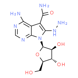 ChemSpider 2D Image | 4-Amino-7-(beta-D-arabinofuranosyl)-6-hydrazino-7H-pyrrolo[2,3-d]pyrimidine-5-carboxamide | C12H17N7O5