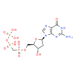 ChemSpider 2D Image | 2'-Deoxy-5'-O-(hydroxy{[hydroxy(phosphonooxy)phosphoryl]methyl}phosphoryl)guanosine | C11H18N5O12P3