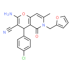 ChemSpider 2D Image | 2-Amino-4-(4-chlorophenyl)-6-(2-furylmethyl)-7-methyl-5-oxo-5,6-dihydro-4H-pyrano[3,2-c]pyridine-3-carbonitrile | C21H16ClN3O3