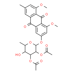 ChemSpider 2D Image | 4,5-Dimethoxy-7-methyl-9,10-dioxo-9,10-dihydro-2-anthracenyl 2,3-di-O-acetyl-6-deoxy-alpha-L-mannopyranoside | C27H28O11