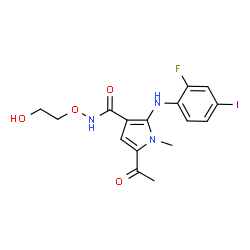 ChemSpider 2D Image | 5-Acetyl-2-[(2-fluoro-4-iodophenyl)amino]-N-(2-hydroxyethoxy)-1-methyl-1H-pyrrole-3-carboxamide | C16H17FIN3O4
