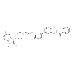 ChemSpider 2D Image | N-[2-Chloro-5-(1-{3-[4-(6-chloro-3-methyl-2-oxo-2,3-dihydro-1H-benzimidazol-1-yl)-1-piperidinyl]propyl}-6-oxo-1,6-dihydro-3-pyridazinyl)benzyl]benzamide | C34H34Cl2N6O3