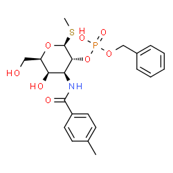 ChemSpider 2D Image | Methyl 2-O-[(benzyloxy)(hydroxy)phosphoryl]-3-deoxy-3-[(4-methylbenzoyl)amino]-1-thio-beta-D-galactopyranoside | C22H28NO8PS