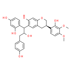 ChemSpider 2D Image | 4-{2-Hydroxy-1-[(3R)-7-hydroxy-3-(2-hydroxy-3,4-dimethoxyphenyl)-3,4-dihydro-2H-chromen-6-yl]-3-(4-hydroxyphenyl)propyl}-1,3-benzenediol | C32H32O9