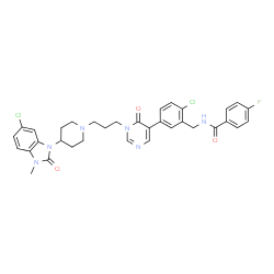 ChemSpider 2D Image | N-[2-Chloro-5-(1-{3-[4-(6-chloro-3-methyl-2-oxo-2,3-dihydro-1H-benzimidazol-1-yl)-1-piperidinyl]propyl}-6-oxo-1,6-dihydro-5-pyrimidinyl)benzyl]-4-fluorobenzamide | C34H33Cl2FN6O3