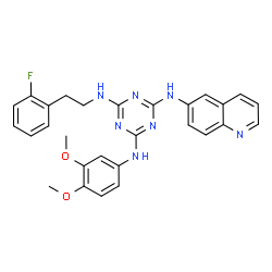 ChemSpider 2D Image | N~2~-(3,4-dimethoxyphenyl)-N~4~-[2-(2-fluorophenyl)ethyl]-N~6~-quinolin-6-yl-1,3,5-triazine-2,4,6-triamine | C28H26FN7O2