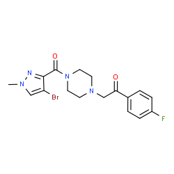 ChemSpider 2D Image | 2-{4-[(4-Bromo-1-methyl-1H-pyrazol-3-yl)carbonyl]-1-piperazinyl}-1-(4-fluorophenyl)ethanone | C17H18BrFN4O2