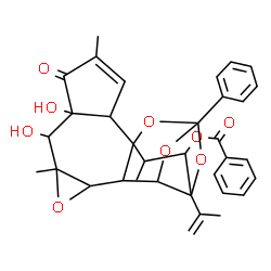 ChemSpider 2D Image | 6,7-Dihydroxy-16-isopropenyl-4,8,18-trimethyl-5-oxo-14-phenyl-9,13,15,19-tetraoxahexacyclo[12.4.1.0~1,11~.0~2,6~.0~8,10~.0~12,16~]nonadec-3-en-17-yl benzoate | C34H34O9